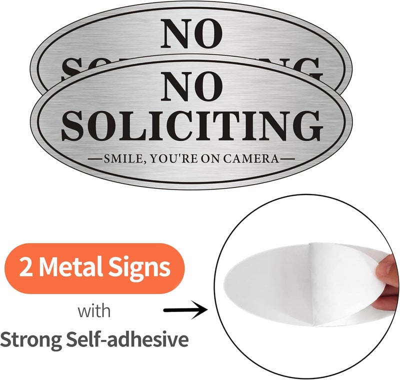 MongFun House Door No Soliciting Sign Metal, 2 Pack Silver Color 7.0 x 3.0 inches, Self-Adhesive Modern Design Aluminum Signs for Office Home Business Company, Waterproof and Weather Resistant (SILVER/BLACK No Soliciting Sign) - Image 2